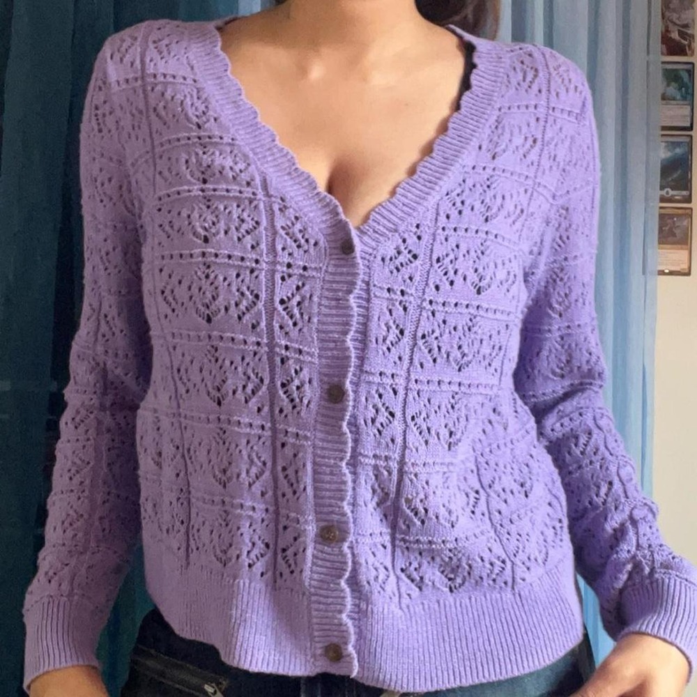 Cottage-Core Lavender Open Knit Button Cardigan - Picture 2 of 7